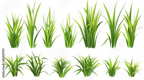 A realistic set of green grass sprouts, illustrated in a detailed and lifelike manner, suitable for various botanical and natural-themed projects.