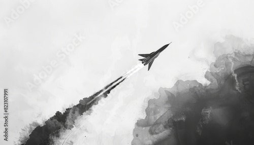 A modern illustration of a jet trailing smoke, depicting condensate trails from an aircraft. This smoky effect represents the aftermath of a rocket launch or the trail of fog created by the jet.