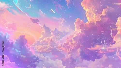 Immerse yourself in a whimsical world of fantasy with this holographic illustration, awash in pastel hues and featuring a charming cartoon girly backdrop against a vibrant, multi-colored sky adorned