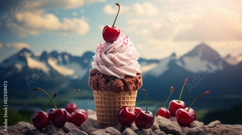 Delicious ice cream cone topped with cherry on mountain background, surrounded by fresh cherries. Perfect for dessert and nature themes.