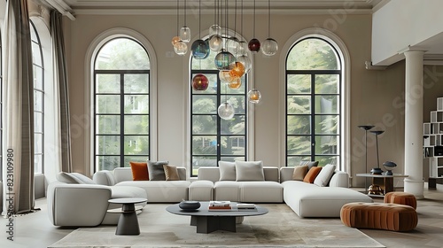 A large living room with three windows, modern style sofa and armchair in light gray fabric, glass chandelier with colored metal balls hanging