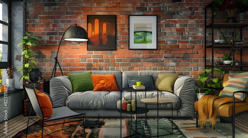 A realistic living room interior with brick wall, sofa and armchair in grey color, black floor lamp, colorful decorative elements on the table