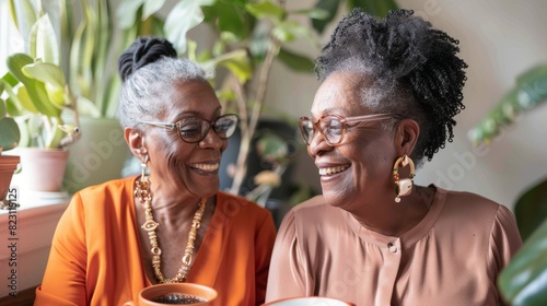 A senior African American woman and a senior biracial woman enjoy a cup of coffee together