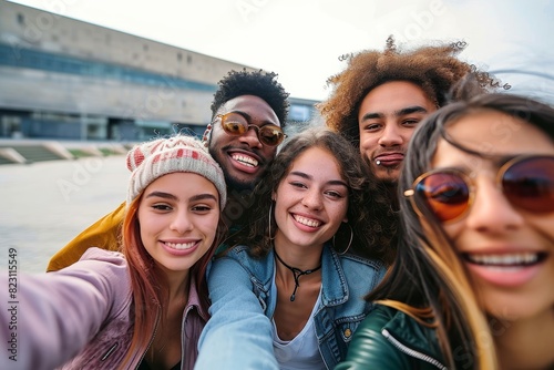 Young multiracial friends taking a selfie portrait outside - Group of guys and girls having fun in the city - Bright filter, Generative AI