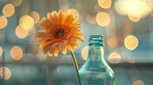 In the room, gerbera flowers bloom in a vase decorated with a bottle