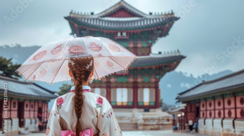 The Gyeongbokgung Palace in Seoul, South Korea. Korean traditional costume, hanbok, and clothes. Travel tour and tourism in this landmark and tourist attraction. The back view of a lady holding an