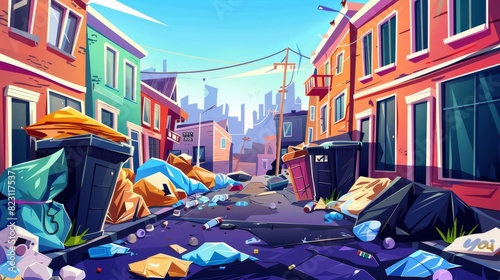 In this cartoon modern illustration, an empty dirty city street, slum neighborhood with ugly houses and buildings with scribbled walls stands at the roadside, surrounded by overfilled litter bins and