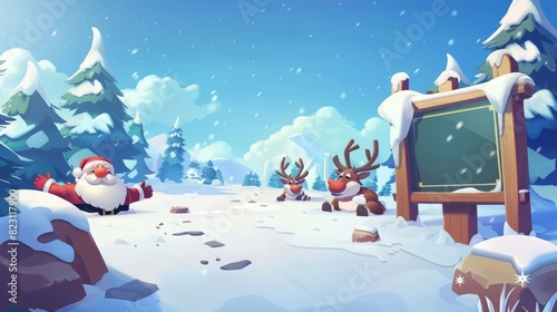 A cartoon depicts Santa Claus and reindeer peeking through some snow in the backdrop of a winter landscape scene