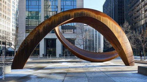 Contemporary arch-shaped sculpture in urban plaza