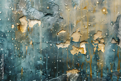 Wall with peeling paint and water droplets