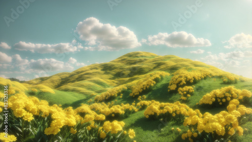 green hills covered in yellow flowers and green trees 