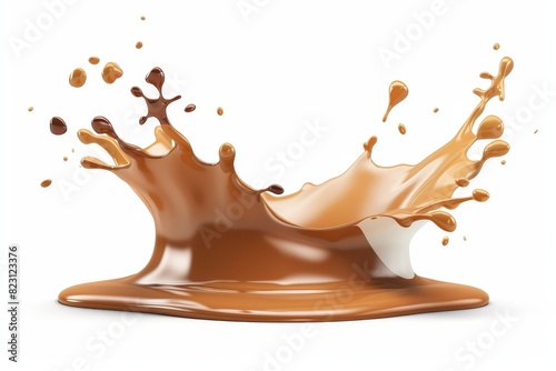 An image of caramel milk and chocolate in a 3D splash