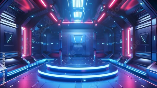 This is a realistic neon futuristic podium or platform scene for presenting a product, or a sci-fi futuristic corridor interior illustration