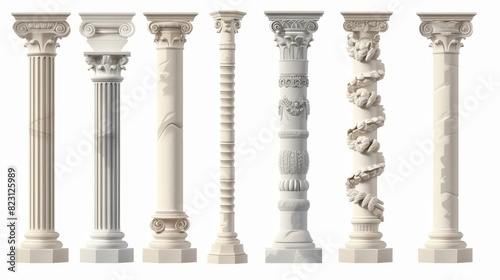 Set of antique pillars isolated on white background. Ancient classic stone columns with twisted and groove ornament for interior facade design.