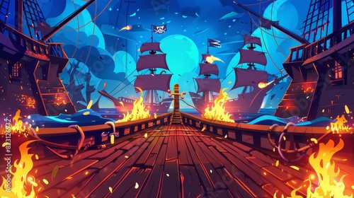 The wooden brigantine boat deck on board a pirate ship with cannon fire aimed at an enemy frigate, the Jolly Roger flag burning in the open hold, and flames raging, Cartoon modern illustration,