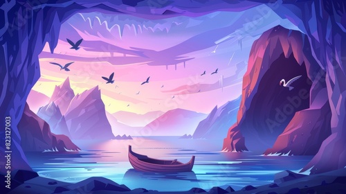 Seaview cave landscape with a wooden boat floating on water surface. Hole in rock with ocean, mountains, and gulls in pink morning sky, hidden underground cavern, Cartoon modern illustration.
