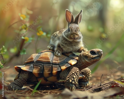 Bunny riding on back of tortoise