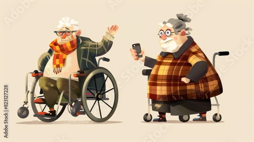 An elderly disable man and woman on a wheelchair in a nursing home or hospital. An old lady in plaid uses her phone, a pensioner with grey hair waving a hand, assisting the elderly.