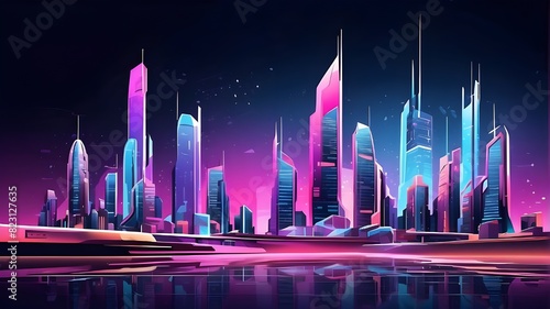 Vector image of a cityscape, with neon lights and metropolitan architecture in space. futuristic, scientific, high-tech, and modern technological notion. Digital high-tech abstract city design for ban