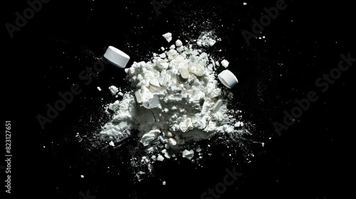 Black and white image of crushed pill, drug, medicine. Powder overlay collection.