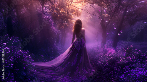 art photo young beauty woman queen autumn purple mystic tree purple long dress, generative Ai