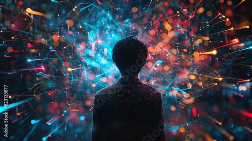 Young person seen from behind, caught in a dense web of colorful internet wires, digital notifications hovering around