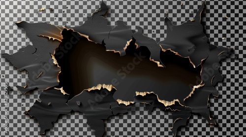 The hole on the steel sheet has curly edges, ragged cracks, and a cut damage. The slash was torn, the gun aperture was open Realistic 3D modern illustration clip art with a transparent background.