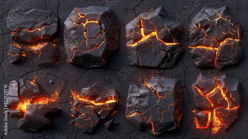 Thousands of cracks in lava, volcano magma orange glow in cracking holes, ruined land surface. Destruction, split, damage fissure effect isolated on black background. Realistic 3d modern set.
