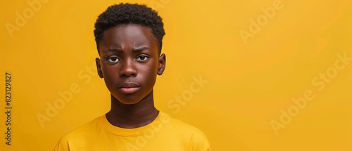 Astonished African teen boy gazes at tablet, against radiant yellow backdrop, with space above