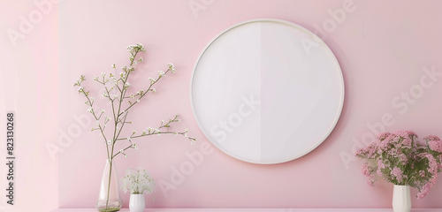 Broad format in a minimalist gallery featuring a medium circular frame on a pastel pink wall.