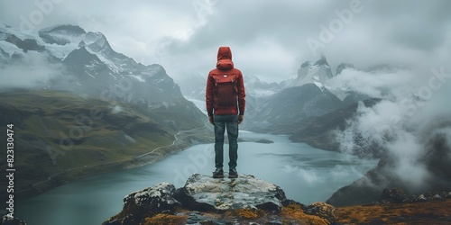 Lone Adventurer Conquers Majestic Alpine Landscape Amid Ethereal Mist and Towering Peaks Capturing the Essence of Solitary and Communion with Nature