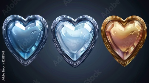 Military game insignia with heart. Silver, bronze, gold level award icon. Modern Illustration of glowing badge for rating soldier.