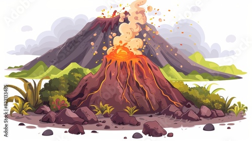 Set of animated volcano eruption cartoons featuring active volcanic mountain, smoke, ash, brown stones and green bushes. An active volcano explosion is depicted in a tropical landscape or prehistoric