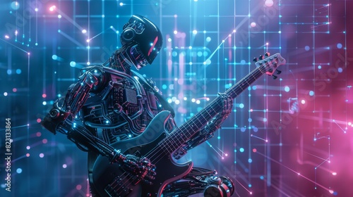 Cyborg bassist with electric guitar plays music on stage. AI composer composes music with the aid of machine learning algorithms. Robotic rock performer plays heavy metal on stage.
