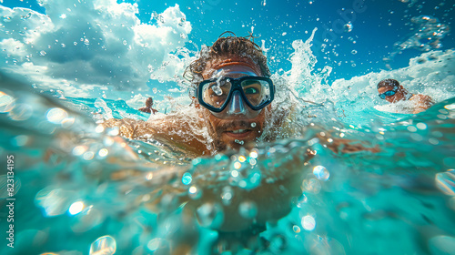 Joyful ocean swim, underwater view with snorkeling man