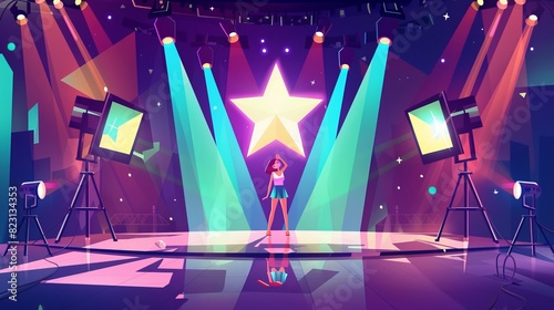 A female acrobat performs on stage with a large star and spotlights, video cameras recording the performance for television. A cartoon modern contest sign shows how the jury vote for the contest