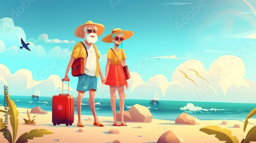 Grandparents tourists on holiday with bag, sunglasses, and hat on the beach. Old couple retirees on ocean resort concept. Grandparents enjoy a vacation with suitcase and sunglasses.