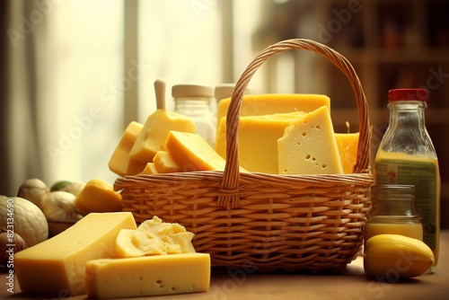 a basket of cheese and other food