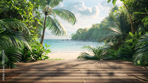 Wooden platform with tropical beach landscape, great for marketing and presentation purposes