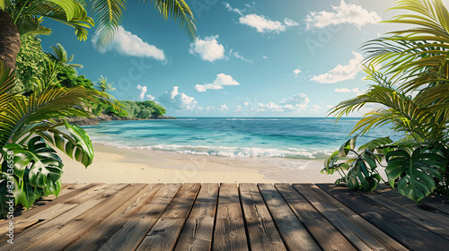 Wooden platform with tropical beach landscape, great for marketing and presentation purposes