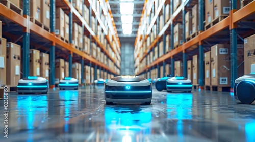 Autonomous robots navigating a smart warehouse, efficiently organizing and transporting goods using AI-driven logistics.