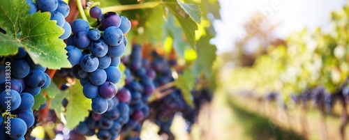 Close-up of blue grape cluster hanging on blurred Row of vineyards background. Grape farm. Plantation of grown fruits for juice, wine production. Ripe grape vine bunches on branch with leaves. Sunset.