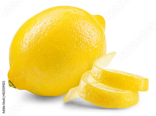 Lemon fruit with twisted zest isolated. Whole lemon and a peel on white background. Lemons isolated. With clipping path. Full depth of field.