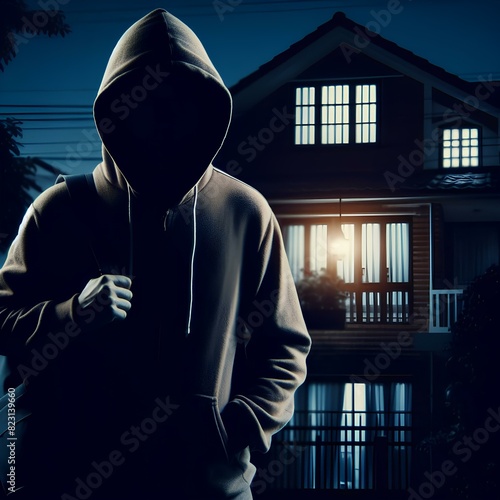 A suspicious silhouette of a man person with a hoodie in the night at a house building.