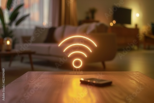 Wi-Fi zone. Router. Transmitting Wi-Fi signal. Connection. Wireless network. Copy space for text. Internet access. WiFi icon. Remote. Web. Emitting waves. Comfort in living room. Icon, symbol