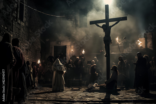 A dramatic reenactment of the crucifixion of Jesus Christ at night in a historic village with villagers and monks gathered around.
