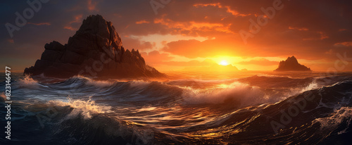 Majestic Sunset Over Turbulent Sea Rocks