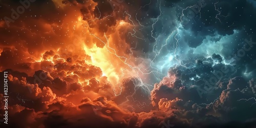 dark clouds sky with lightning and thunder, colorful orange blue lightning, stormy weather, Bright blue orange lightning strike in a thunderstorm sky, banner