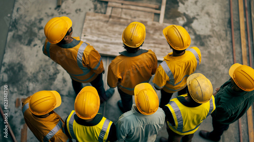  Top view of architectural engineering working on construction site, discussing, designing and planning