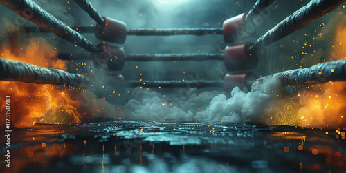 Boxing ring, dynamic shot, colored dust, black background. Generative AI.